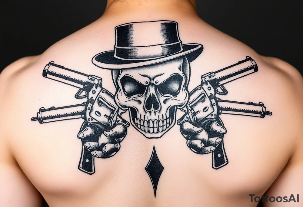 voodoo skull, top hat, dead mans card hand, six guns tattoo idea