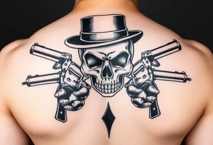 voodoo skull, top hat, dead mans card hand, six guns tattoo idea