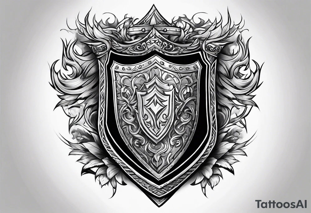 A shield on fire adorned with a mountain and a maul tattoo idea