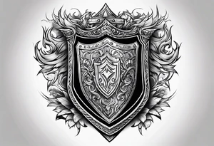 A shield on fire adorned with a mountain and a maul tattoo idea