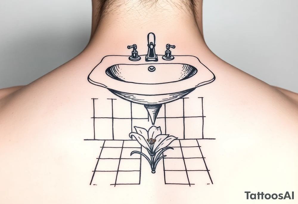 bathroom sink on tile floor with lily coming up out of the floor tattoo idea