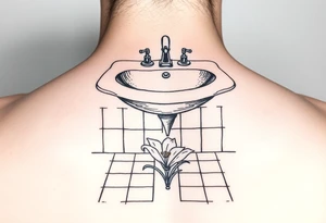 bathroom sink on tile floor with lily coming up out of the floor tattoo idea