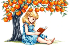 A blond little girl wearing a blue dress sitting under a orange tree while reading a book.


. tattoo idea