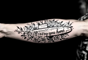 Submarine warfare surrounded by roses that says “I’ll carry you home” tattoo idea