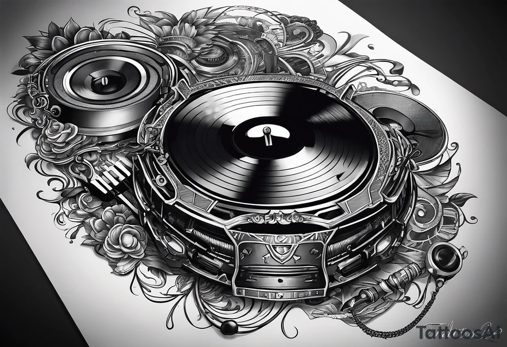Lines and cables weave and interconnect keyboards, drums, guitars, speakers, headphones, and cassette tapes. tattoo idea