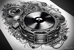 Lines and cables weave and interconnect keyboards, drums, guitars, speakers, headphones, and cassette tapes. tattoo idea