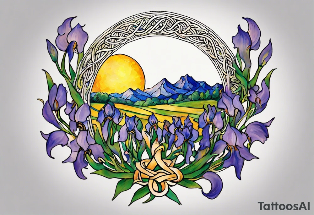 Create a small, colorful Vincent van Gogh Irises tattoo in the form of a crescent, with vines in Celtic knot style gracefully intertwining at a central point in the middle of the wreath. The intended placement is on the upper chest. The middle needs mountains. The overall design should be small in size while maintaining a delicate and artistic aesthetic. Pay attention to the graceful flow of the vines and the placement of the irises to achieve a refined and elegant look. tattoo idea