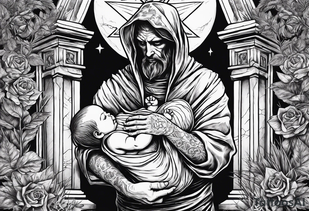 Satan holds a dead mummified baby in his arms, against the background of a grave with a pentagram tattoo idea