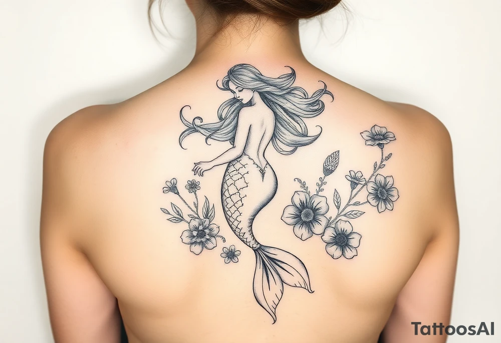 ethereal mermaid with flowing hair among coral and sea flowers tattoo idea