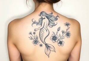 ethereal mermaid with flowing hair among coral and sea flowers tattoo idea
