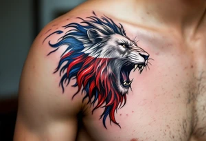 A Czech flag morphing into a roaring lion, symbolizing national pride and strength, with deep red, white, and royal blue tones. tattoo idea