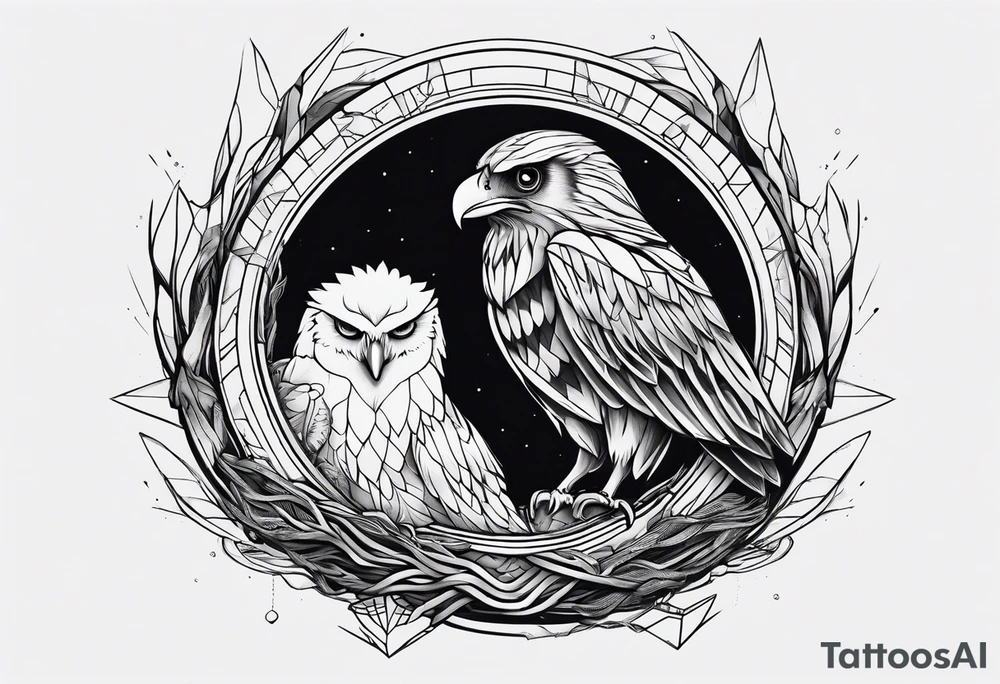 Owl, raven, eagle cuddled in a nest, looking down into the nest tattoo idea