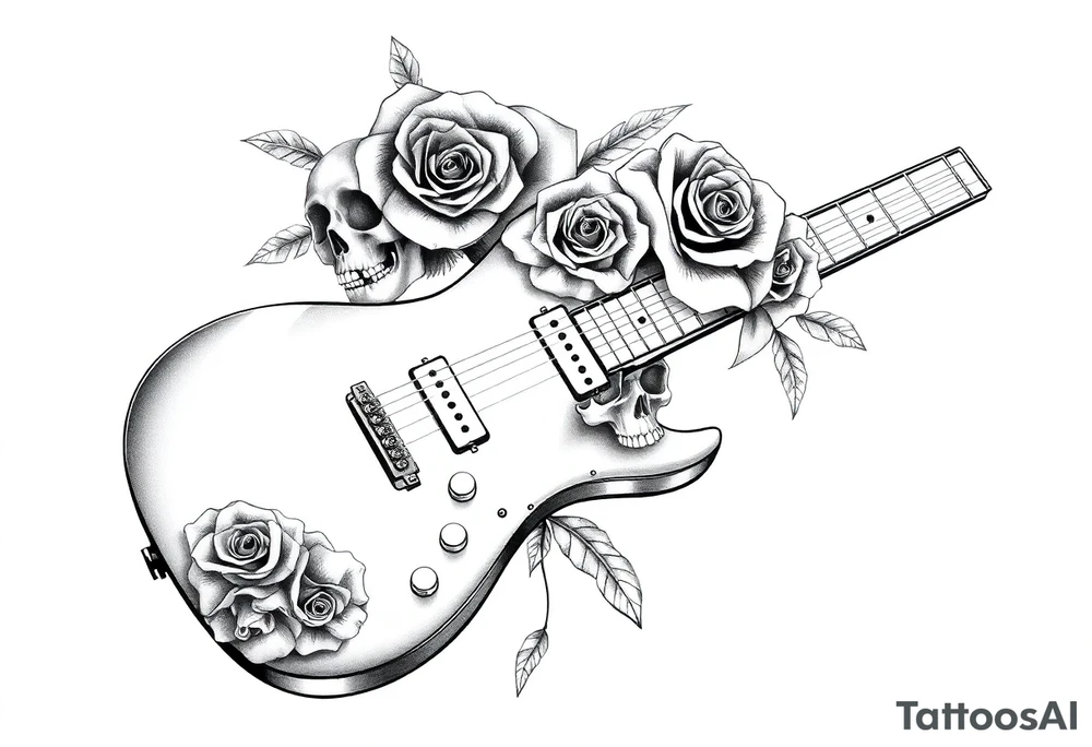 Electric guitar with skulls and roses printed on it tattoo idea