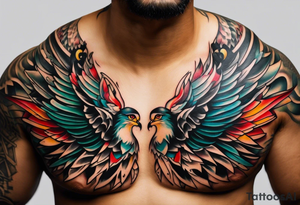 Wide tattoo that appears to be bursting out of the skin, symbolizing freedom. The tattoo should be vibrant and dynamic, with bold lines and colors that evoke a sense of liberation and empowerment. Consider incorporating elements such as broken chains, or other symbols of freedom. The tattoo should be visually striking and thought-provoking, inviting the viewer to reflect on the importance of personal freedom. tattoo idea