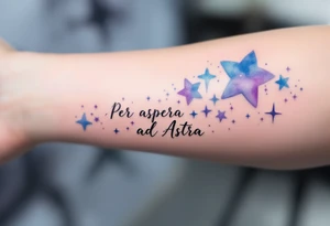A celestial forearm piece features “Per aspera ad Astra” in silver cursive beneath blue-and-purple watercolor stars. tattoo idea