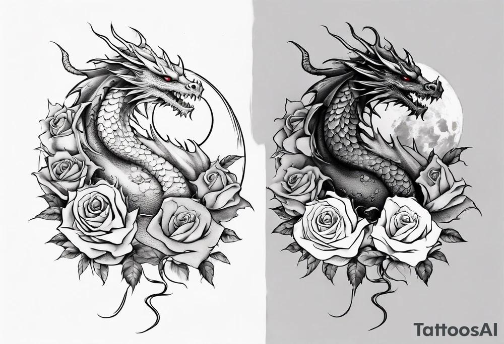 dragon with moon and roses tattoo idea