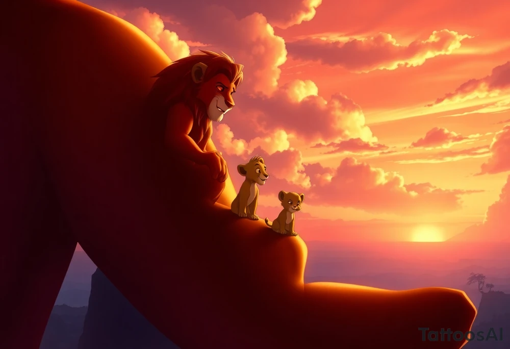 Top of the Shoulder (Crown Area):
* Mufasa in the clouds, majestic and wise, watching over everything below. Use soft shading and glowing edges to symbolize his spiritual presence.
Upper Arm (Bicep):
* Rafiki holding baby Simba up on Pride Rock. This can be the emotional centerpiece. Include sun rays breaking through clouds to give it a divine feel.
Mid Arm (Outer Bicep/Tricep):
* Scar lurking in the shadows with the three hyenas (Shenzi, Banzai, and Ed) around him, showing contrast between good and evil.
* Let the shading here be darker and more dramatic.
Inner Arm (Bicep):
* Timon and Pumbaa dancing or lounging, maybe with a small “Hakuna Matata” banner swirling above them. Their playfulness adds lightness and humor.
Forearm (Outer):
* Adult Simba and Nala side by side, looking into the distance, symbolizing growth, strength, and love.
* Behind them, a silhouette of the jungle or Pride Rock at sunset.
Forearm (Inner):
* Zazu flying mid-flight, trailing a scroll or message banner, maybe with a meaningful quote from the movie like: "Remember who you are."
Wrist/Wrap Around:
* Pawprints going around your wrist, fading out like Simba’s journey.
* Maybe a small Rafiki-drawn version of Simba’s symbol from the cave. tattoo idea