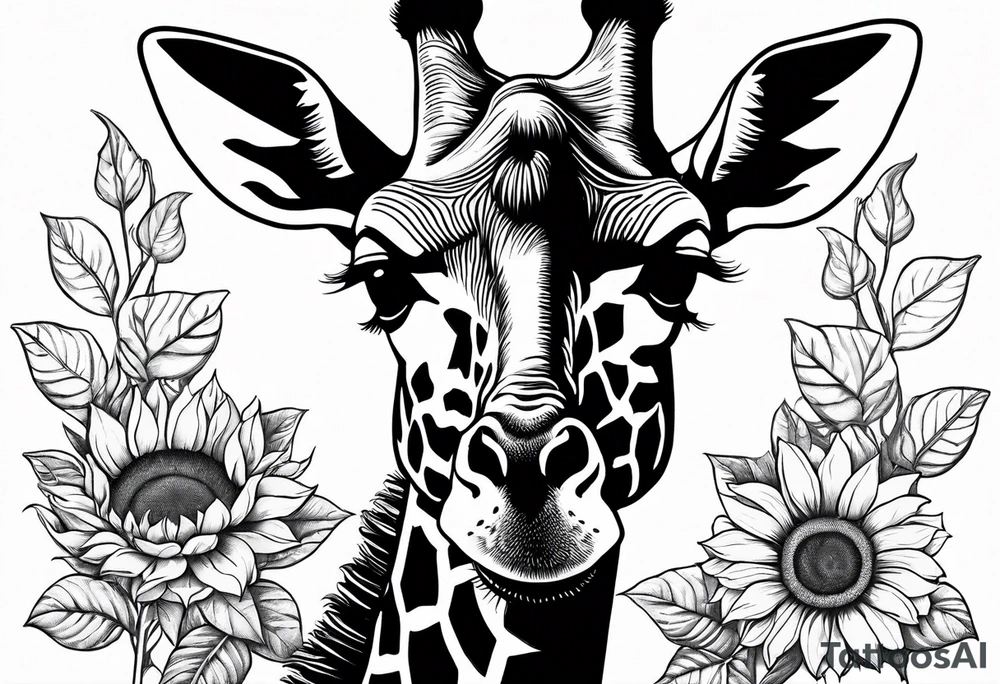 giraffe front view with sunflower and leafs tattoo idea