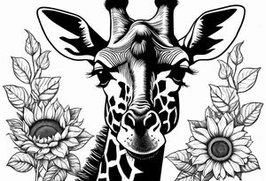 giraffe front view with sunflower and leafs tattoo idea