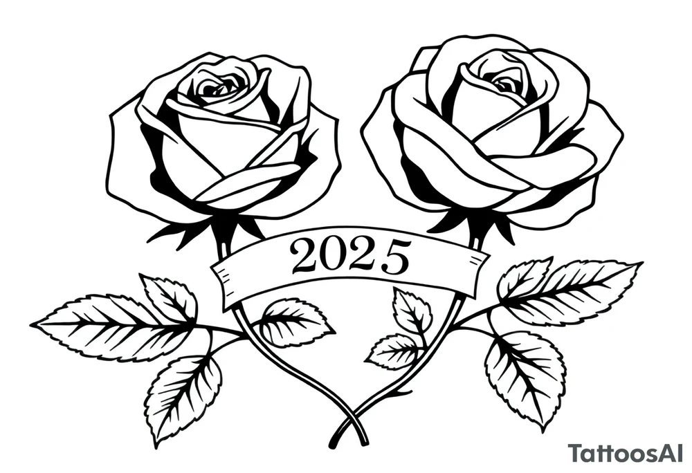 two beautiful large rose buds, one larger than the other, with many leaves next to the rose buds, with one sitting higher than the other. Include a banner connecting the two roses with the year "2025" on it.   Use dark outlines with little shading. The two stems should be short, not long, and connect and join into one stem, whimsically curved or twisted - not straight down. tattoo idea