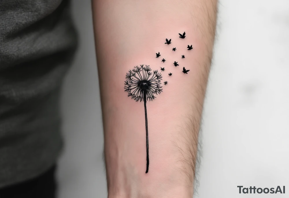 A dandelion with its leaves blowing away and turning into birds tattoo idea