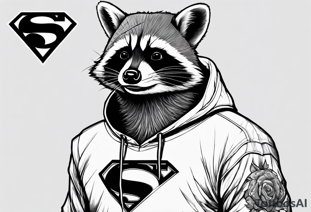raccoon wearing a Superman hoodie tattoo idea