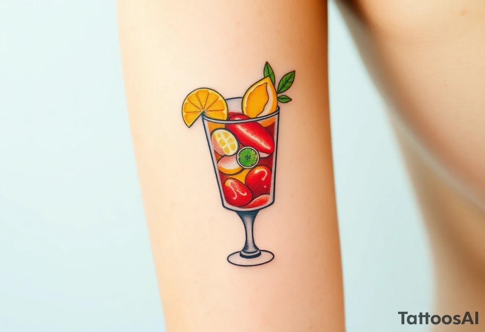Fun cocktail that you would get on a Caribbean cruise in a short square glass with lots of garnishes tattoo idea