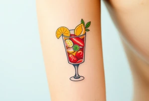 Fun cocktail that you would get on a Caribbean cruise in a short square glass with lots of garnishes tattoo idea