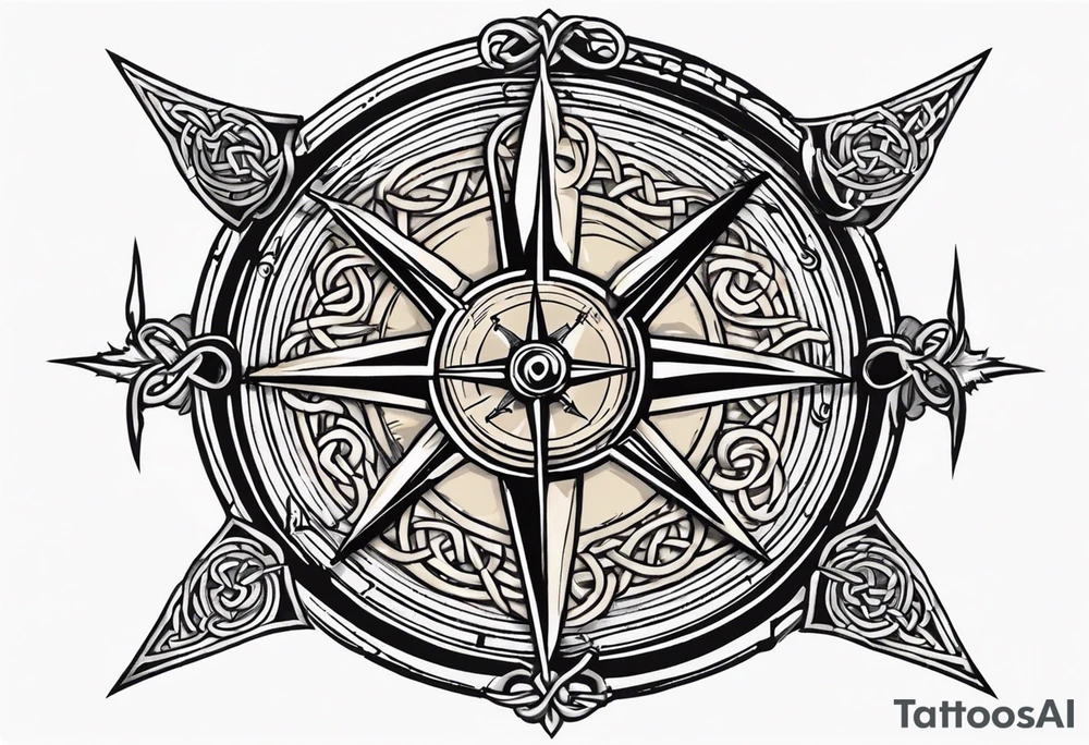 Two Celtic swords going through a compass with a labyrinth throughout tattoo idea