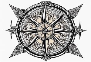 Two Celtic swords going through a compass with a labyrinth throughout tattoo idea