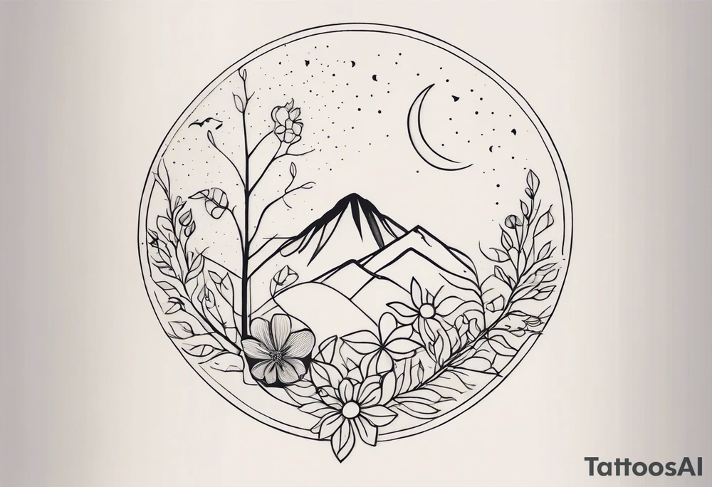 A minimalist tattoo design featuring a vertical composition. At the center is a large, abstract flower with intricate dotted shading and clean lines. A delicate tree with bare branches grows from the top of the flower, while flowing leaves emerge from the bottom. Surrounding the flower are abstract elements like small geometric shapes, mountains in the background, a few birds, and a crescent moon, all positioned in a visually balanced way. There’s a circular solar element near the flower, with rays extending outward. The entire design is made up of fine lines, dot work, and subtle shading, creating a harmonious mix of nature and geometric abstraction. It’s a detailed sketch with organic flow, precision, and a blend of cosmic and natural motifs tattoo idea
