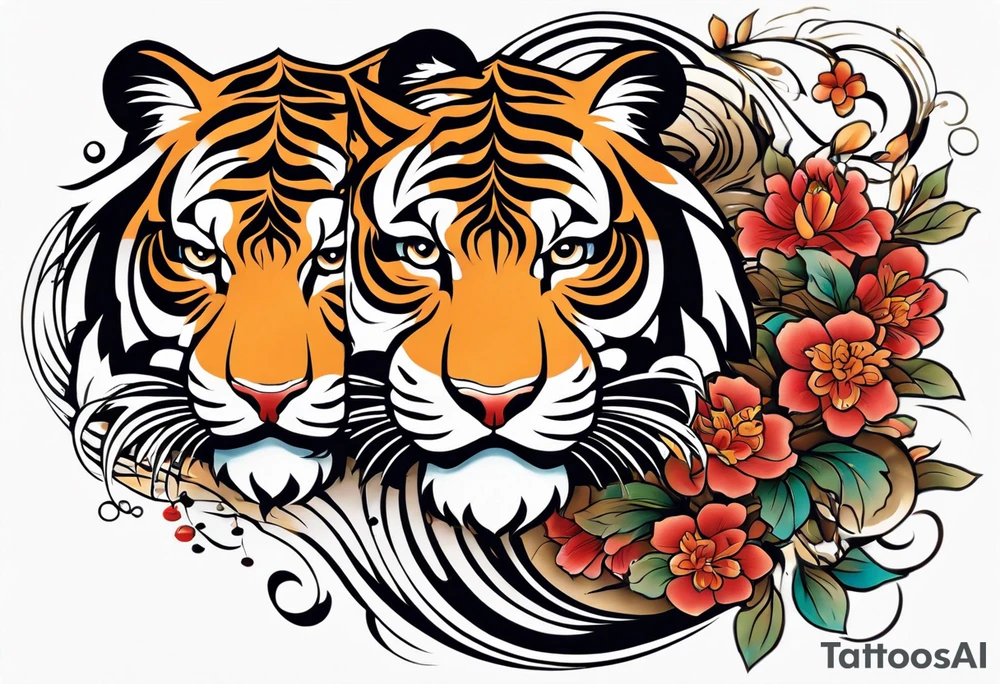 Inspired by Japanese art, this design features the tiger’s body depicted with dramatic, flowing curves and swirls. The background includes flowing water currents and floral motifs. This design is colorful and dynamic, capturing the movement and spirit of the tiger in a traditional Japanese aesthetic. tattoo idea