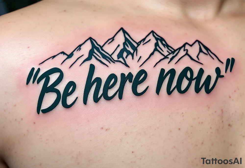 “Be here now” in deep forest green sans serif, with mountain outlines in cool slate. tattoo idea