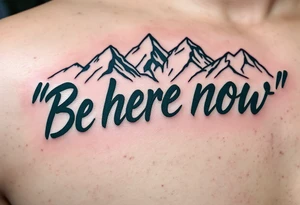 “Be here now” in deep forest green sans serif, with mountain outlines in cool slate. tattoo idea