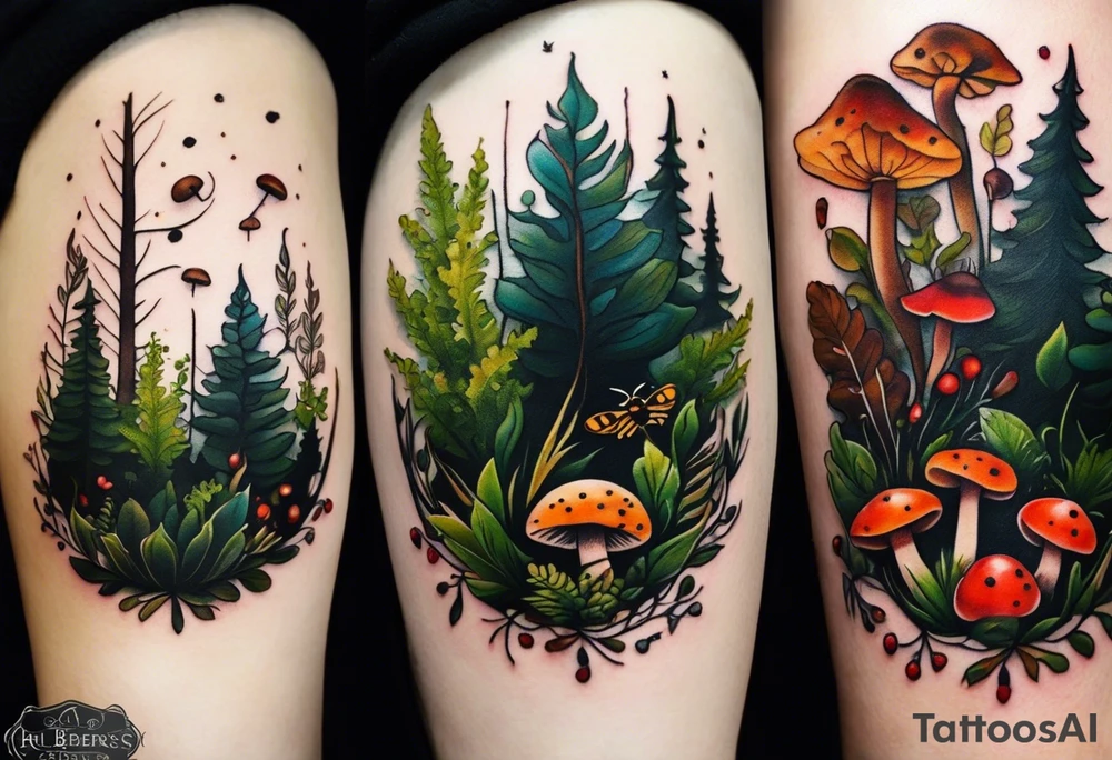 minimalistic forest floor inspired tattoo, which includes grass, moss, curly ferns and dead leaves as the bulk of the tattoo. details to include: forest berries, couple of very small brown mushrooms, a tiny bumblebee flying nearby tattoo idea