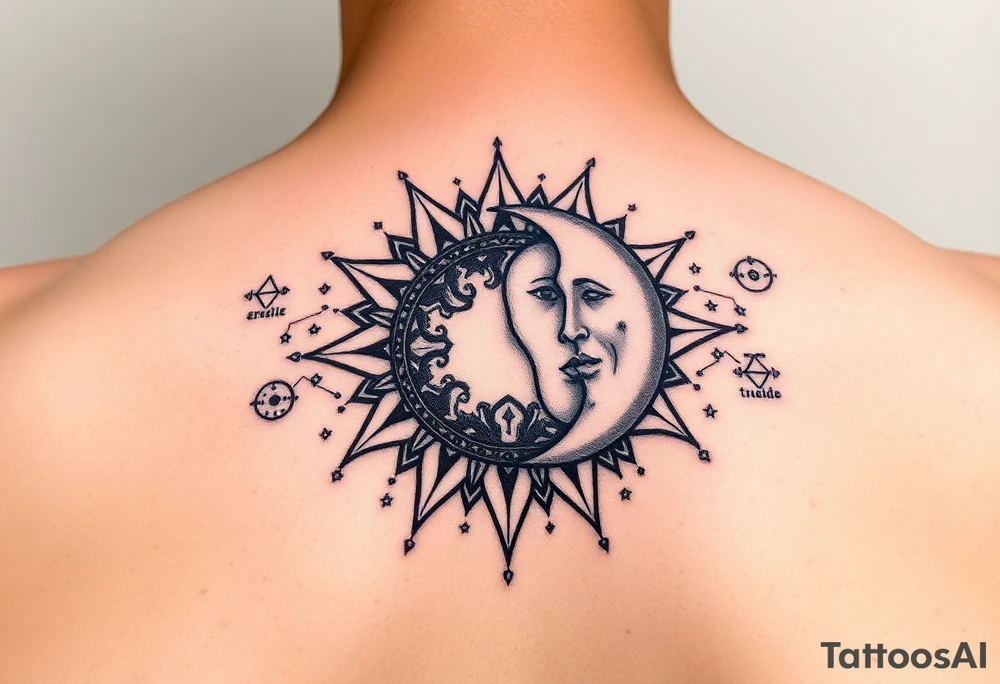 celestial sun and moon embrace with constellation patterns tattoo idea