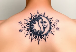 celestial sun and moon embrace with constellation patterns tattoo idea