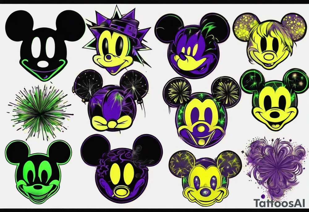 Mickey head and ears, no face, in black

Light fireworks behind in green, yellow, and purple tattoo idea