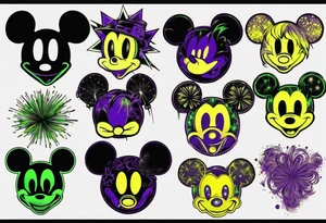 Mickey head and ears, no face, in black

Light fireworks behind in green, yellow, and purple tattoo idea