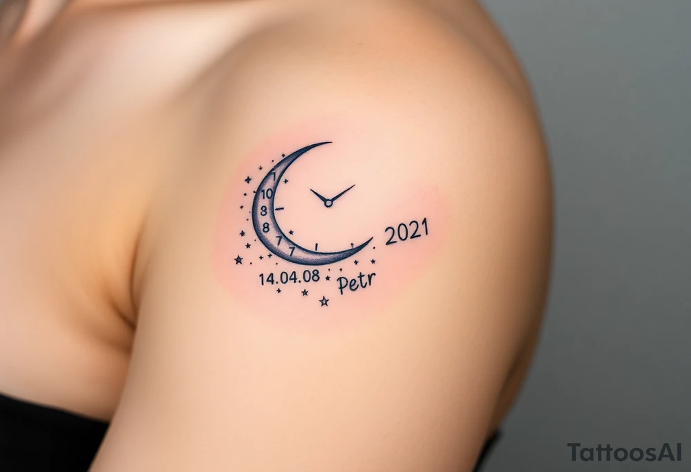 A minimalist crescent moon clock, surrounded by stardust and the child’s birth date "14. 08. 2021" and name "Petr" written in the stars, in midnight blue and silver tattoo idea