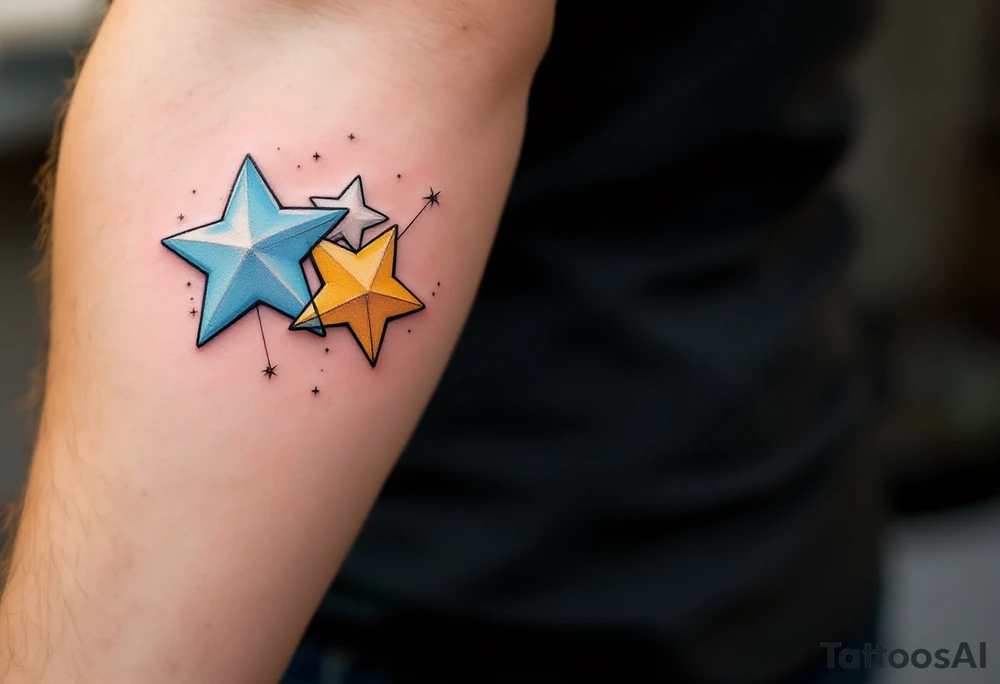 A constellation of three stars in pale blue, gold, and white, connected by a thin silver line. tattoo idea