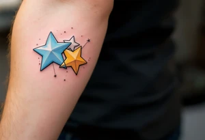 A constellation of three stars in pale blue, gold, and white, connected by a thin silver line. tattoo idea