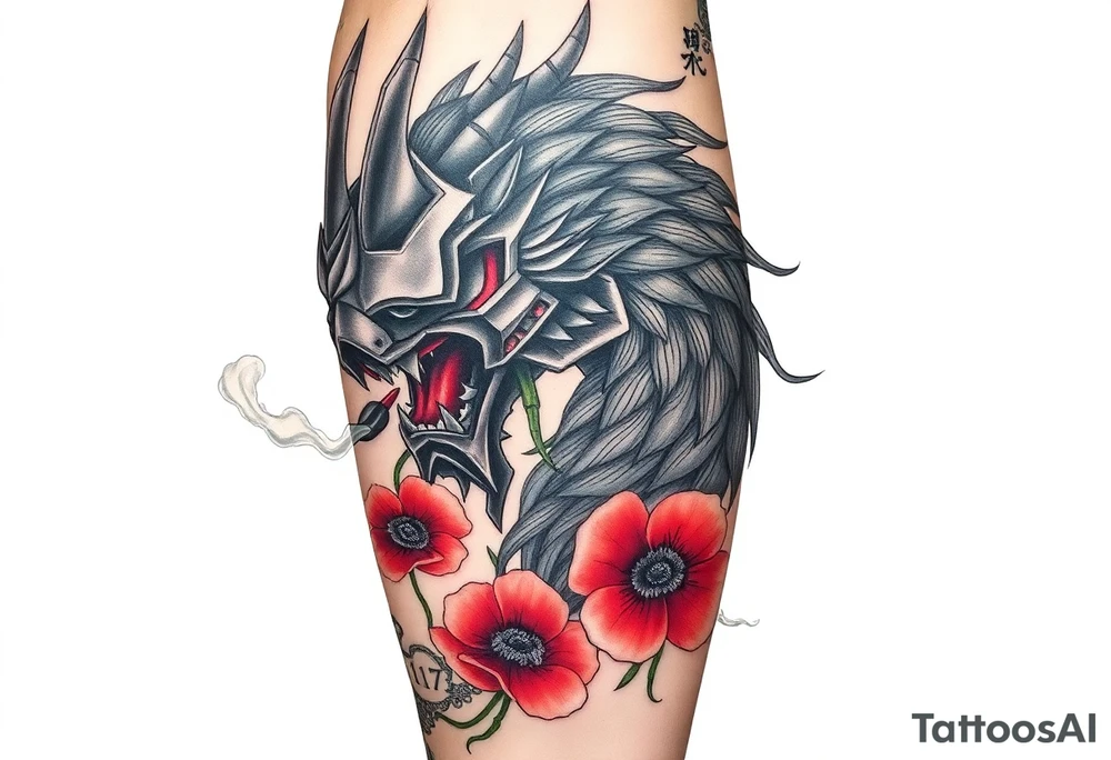 Big Rouge ronin to cover the entire thigh with smoke coming out of its mouth with 11b tattooed under its left eye with 1 poppy on each side of the ronin tattoo idea
