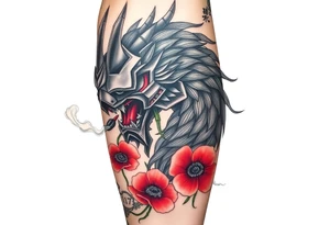 Big Rouge ronin to cover the entire thigh with smoke coming out of its mouth with 11b tattooed under its left eye with 1 poppy on each side of the ronin tattoo idea