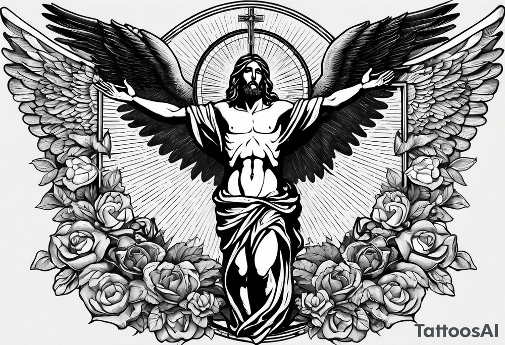 Ascension of crucified Jesus surrounded by angels and sun rays with a dove above his head and the sacred heart image on his chest. tattoo idea