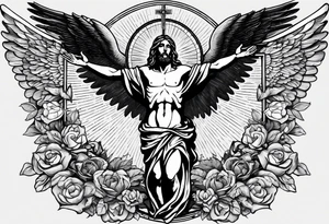 Ascension of crucified Jesus surrounded by angels and sun rays with a dove above his head and the sacred heart image on his chest. tattoo idea