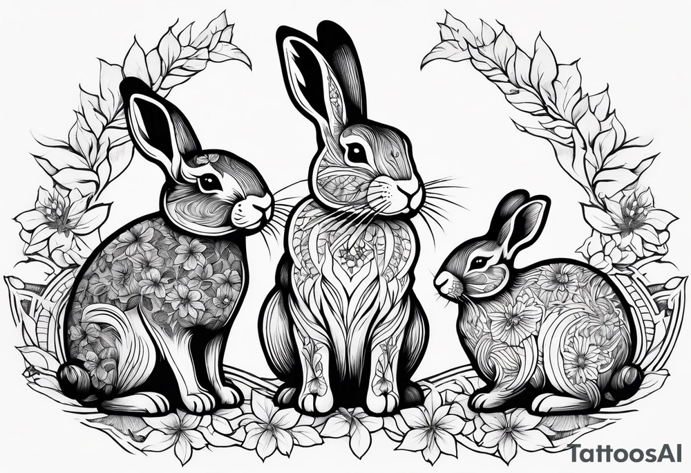 two bunnies, one smaller, one larger, with their backs, holding a maple leaf tattoo idea