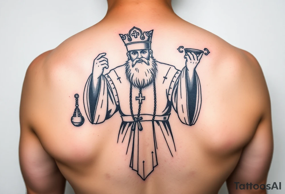 russian orthodox priest in a fully detailed garment swinging censer chains tattoo idea