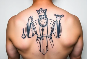 russian orthodox priest in a fully detailed garment swinging censer chains tattoo idea
