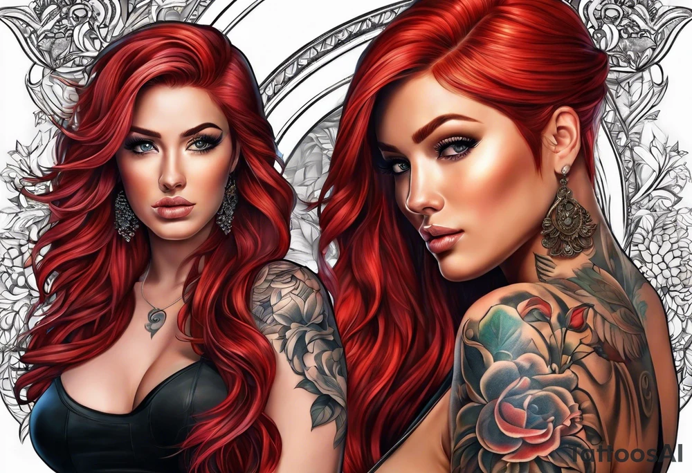 Busty red haired woman with a man who has black hair tattoo idea
